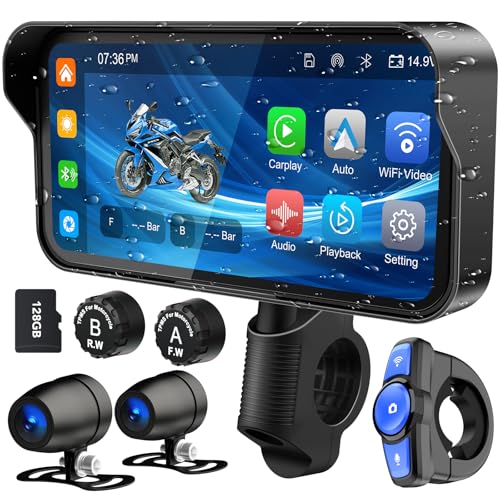 Weuaste Motorcycle Dash Cam, Motorcycle Carplay/Android Auto, Motorbike TPMS GPS Navigation System, 6.25" IP67 Waterproof Touchscreen, Remote Control, Loop Recording, Support Siri, Free 128G SD Card
