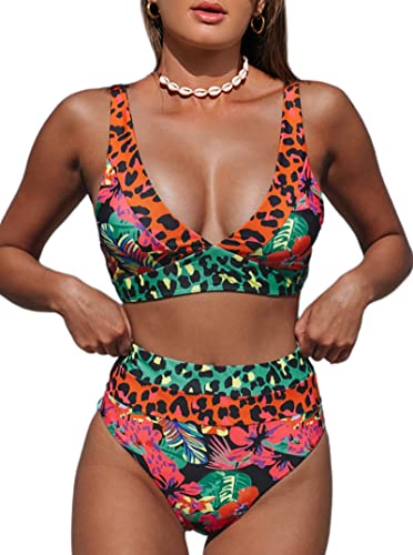 Hilinker Women's Leopard Bikini Swimsuits V Neck High Waisted 2 Piece Bathing Suits (as1, Alpha, xx_l, Regular, Regular, Coral)