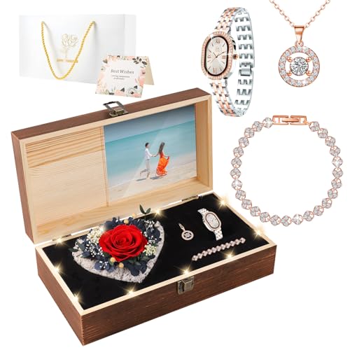 NERCHVO Birthday Gifts for Women - Preserved Roses with Watch Sets Romantic Women's Gifts for Women,Daughters, Sister, Girlfriend on Birthday, Anniversary, Thanksgiving, Christmas - Red