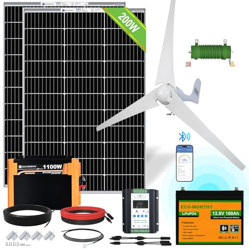 ECO-WORTHY 600W 2.4KWH Solar Wind Power Complete Off-Grid System: 400W Wind Turbine Generator + 2pcs 100W Mono Solar Panel + 100AH Lithium Battery + 1100W Inverter for Home, Farm, Cabin Garden