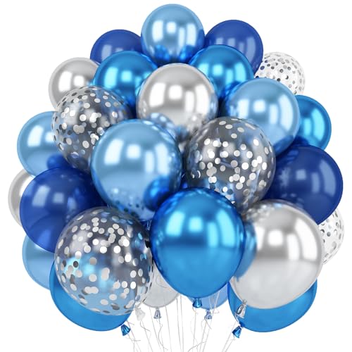 Blue Silver Balloons Set, 12 Inch Blue and Silver Balloons Dark Blue Party Balloons Metallic Blue Silver Latex Balloons Baby Blue Confetti Balloon for Birthday Graduations Baby Shower