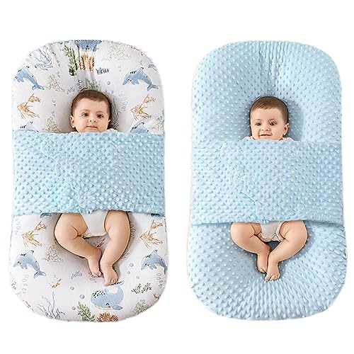 BRUNEES Baby Lounger, Baby lounger Pillow, 2 Sides Soft & Breathable 100% Cotton Cover, 0-24 Months Portable Infant Nest, Large Newborn Pillow, New Born Essentials must haves (Blue)