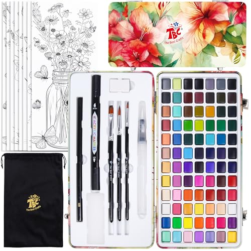 TBC The Best Crafts 84 Colors Watercolor Paint Set For Kids, Students and Artists, Amateur,Beginner.Set includes Coloring Sheets, Black Dual Tip Acrylic Paint Markers, Storage Bag