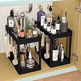 POUGNY 2PC Under Sink Organizer Rack 2 Tier Under Sliding Cabinet Basket Organizer Drawer with 4 Hooks, Multi-purpose Under Sink Storage for Bathroom Kitchen Desktop（Black）