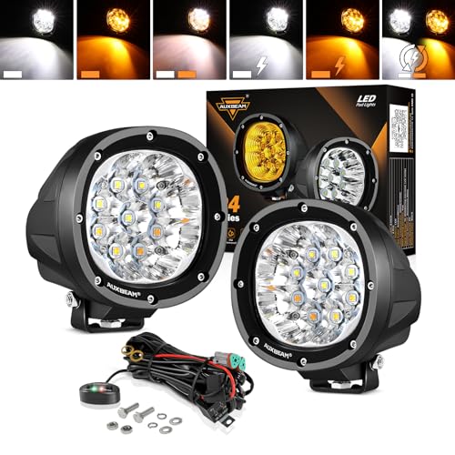 Auxbeam 4 Inch Round Offroad Light, 90W LED Amber White Spot Strobe Light Pods with 6 Modes, Dual Color Flashing Driving Fog Lights Bar Plug & Play for Truck, Pickup, SUV, ATV, UTV, 4x4, Jeep