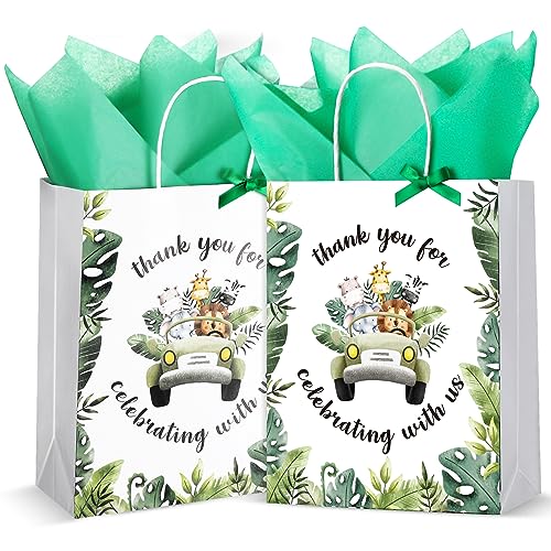 Seajan 24 Pack 10.63 x 8.27 Inch Baby Shower Bags Jungle Safari Animal, Party Favor Bags Medium Size Goodie Bags with Handle for Baby Shower Child's Birthday Gender Reveal Party(Green, Animal)