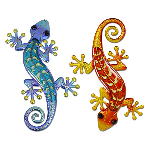 HONGLAND Metal Gecko Wall Art- 15 Inch Lizard Outdoor Decor Hanging Glass Sculpture, 2 Pack Gecko Wall Art Decorations for Garden Fence Home