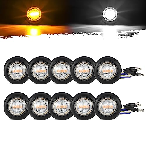 Partsam 10Pcs Dual Color 3/4" Round LED Marker Light Amber to White Auxiliary Light Side Marker Clearance Light Turn Signal Running Lights with Bullet Plug for Trailer Truck Pickup Camper RV