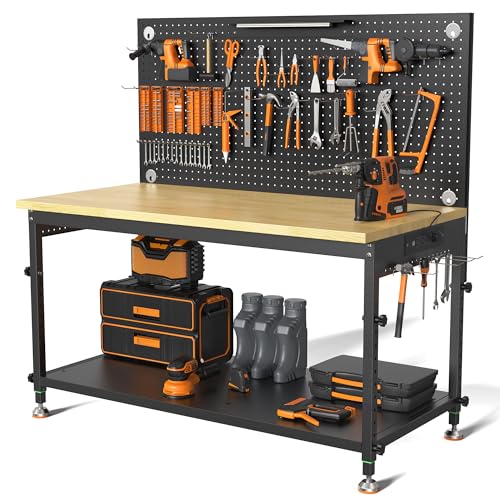 CAMMOO 48" Heavy Duty Work Bench Adjustable Height Max Load 2000 LBS with Storage Shelf for Garage Workbench, Rubberwood Tabletop with Pegboard, LED Light, Built-in Power Strip for Woodworking Shop