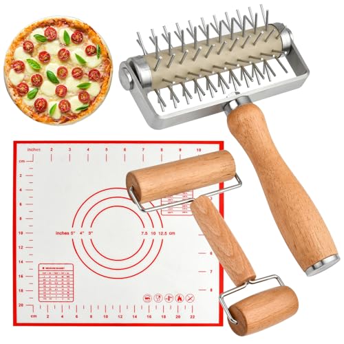 Milkary Set of 3 Pizza Kit Including Stainless Steel Pizza Dough Roller, Wooden Dough Docker Rolling Pin and Non-slip Silicone Baking Mat, Dough Hole Maker for Pizza Cookie Pie Pastry Crust