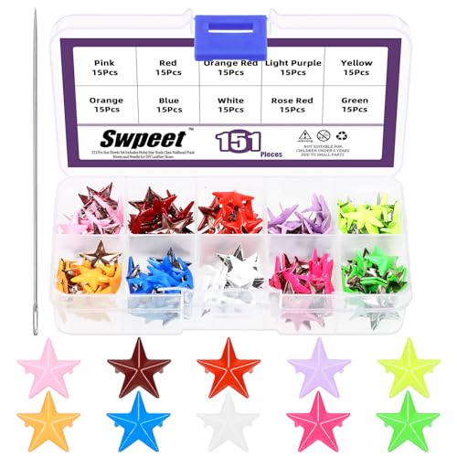 Swpeet 151Pcs 15.7mm 10 Colors Metal Star Studs Claw 5-Claw with Large Eye Needles Kit, Hand Pressed Punk Studs Rivets, Leather Rivets Ideal for DIY Leather Clothing Dog Collars Bracelets
