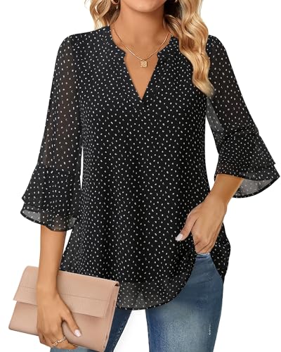 Lotusmile Womens Blouses for Work - Chiffon Tops 3/4 Sleeve - Business Casual Office Shirts - Dressy Ladies Career Tops - Stylish Workwear for Women (Black Dot, XXL)