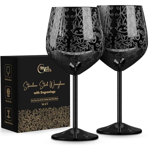 Morii Goods Stainless Steel Wine Glasses - Set of 2 Etched Wine Glasses, Unbreakable Black Wine Glasses for Travel, Camping and Pool, Fancy Wine Glasses for Women and Men