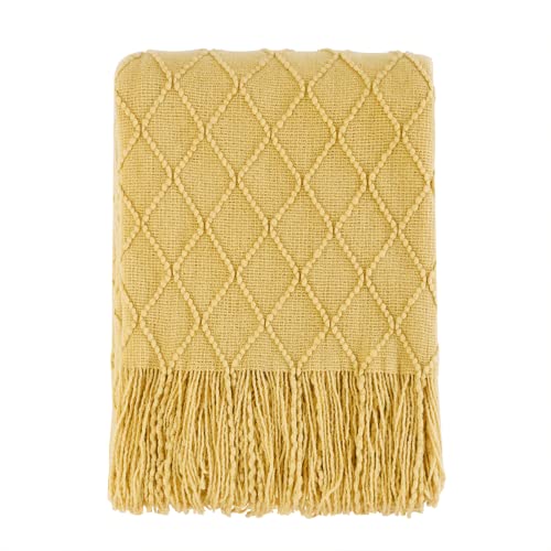 BOURINA Mustard Throw Blanket 50x60 Inches Throw Textured Solid Soft Sofa Couch Decorative Knit Blanket