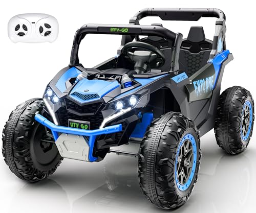 Evmore 2 Seater Kids Ride on Car, Electric 4WD Off-Road UTV Truck, 7Ah Large Battery Kids Electric Car with Remote Control, Safety Belt, Horn, Music, and Lights for Aged 3-8 Years Blue