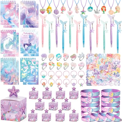 SNLN Mermaid Party Favors Birthday Supplies for Girl - Gift Boxes Notebooks Fishtail Pen Silicone Bracelet Necklaces Rings Hair Ties Stickers Mermaid Birthday Party Favors Goodie Bags Stuffers