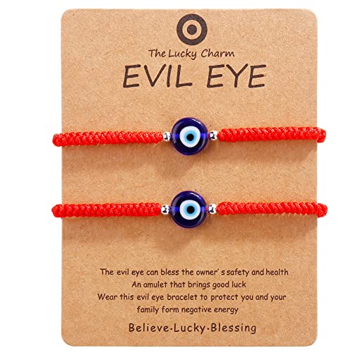 Handmade String Red evil eye bracelets blue evil eye jewelry bracelet for women men teens pack of 2 braclets mal de ojo bracelets ojo turco pulsera (2 Red with silver bead)