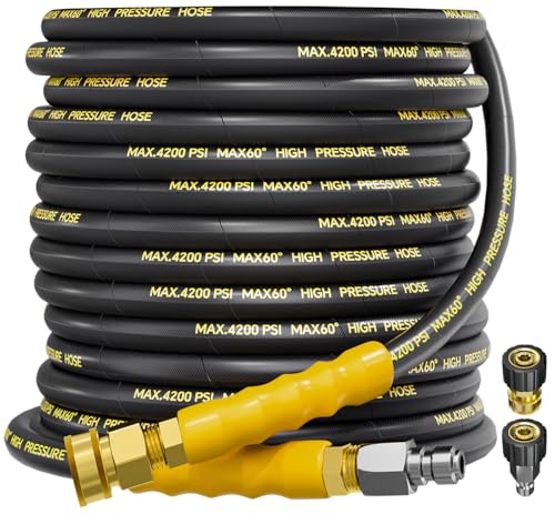 TechSweepPro 4200PSI Pressure Washer Hose 50FT with 3/8" Swivel Quick Connect for Cold/Hot Water, Kink Resistant Steel Wire Braided, Wear Resistant Power Washer Hose with 2 M22 14mm Adapter Set