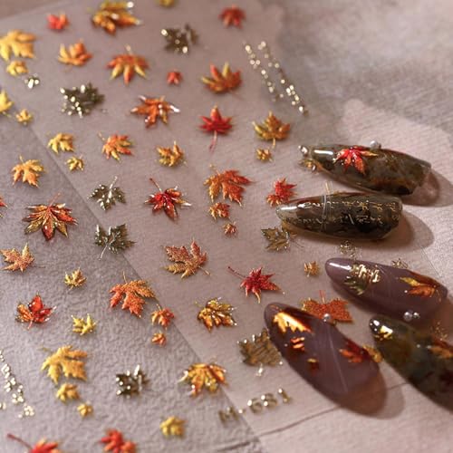 5D Embossed Autumn Maple Leaves Nail Stickers for Thanksgiving Day Nail Art - Self-Adhesive Gold Maple Leaf Nail Decals for Women Nail Supplies