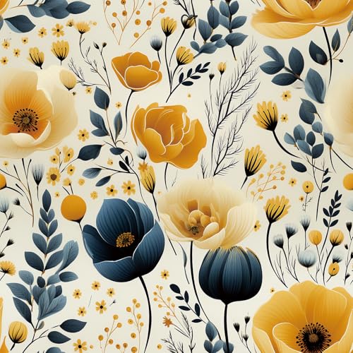 Livelynine 17.5x276" Dark Blue Yellow Floral Peel and Stick Wallpaper Vintage Wild Flower Wall Paper for Bedroom Bathroom Walls Prepasted Removable Poppy Boho Decorative Contact Paper for Furniture