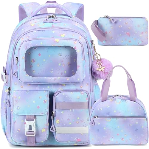 AO ALI VICTORY Backpack for Girls with Lunch Bag Pencil Case Kids School Bags for Kindergarten Elementary Middle Primary Schoolbag Cute 16 inch Laptop Bookbag Students 3 PCS Cute Bookbag, Purple Set