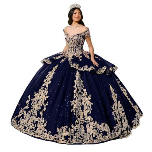 DXUOPL Navy Quinceanera Dress with Train Off Shoulder Ball Gowns Luxury Tassel Sweet 16 Dresses Gold Appliques Pageant Dresses Detachable Bow Dress Size 12