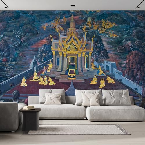 wall26 - Black and Gold Thai Temple Fresco - Peacock in Tree with Blooming Flowers - Wall Mural, Removable Sticker, Home Decor (66"x96", Gold Leaf)