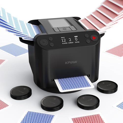 KPAW Automatic Card Shuffler and Dealer - 1-2 Decks Support 12 Players, 4 Drawing Remotes, Built-in Gameplays, 360°/180° Deal, for Poker, UNO, Phase 10, Skip-Bo, Rummy (Black)