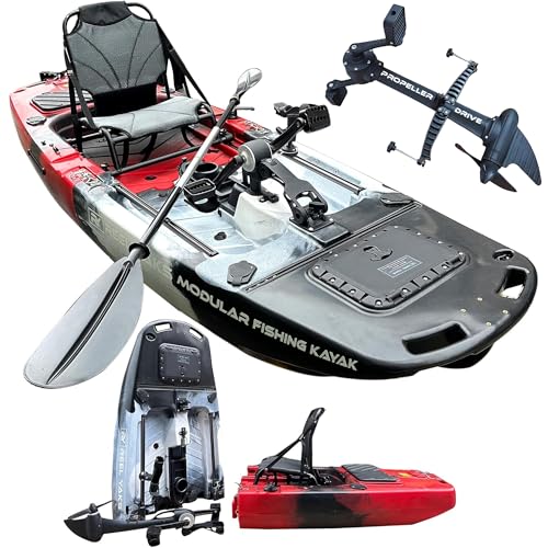 Reel Yaks Raider Modular Fishing Kayak - 9.5ft Lightweight Propeller Drive, Sit On Top Kayak for Adults & Youth - Stable & Portable, Ideal Space-Saving Design - 380 lbs Capacity - Black White Red