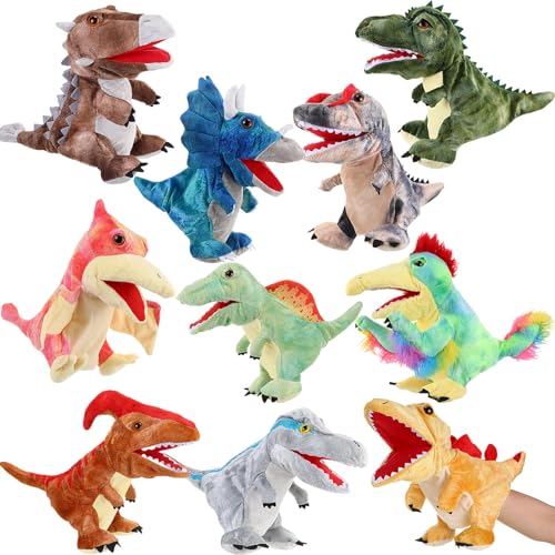 Wettarn 10 Pieces Dinosaur Hand Puppets 11.8 Inch Plush Stuffed Animals with Open Movable Mouth, Stuffed Animal Puppets Interactive Toy Storytelling Gifts for Birthday,Imaginative Play, Girls, Boys
