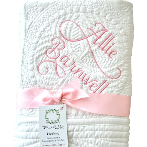 Personalized Baby Blanket Quilt Custom Name And Date Embroidered Monogrammed Girl Boy Crib Size White Pink Lightweight Blue