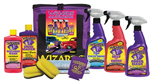 Wizards Car Detailing Kit - Premium and Comprehensive Car Cleaning Kit - 7 Piece Car Detail Kit with Mist n Shine, Tire and Vinyl Shine, Wash, Shine Master - Great Car Cleaning Gift Set