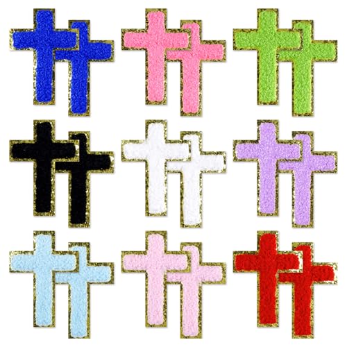 18Pcs Cross Patches Embroidery, Chenille Jesus Cross Iron On Patches for Bags Hat DIY Clothing Repair Decor