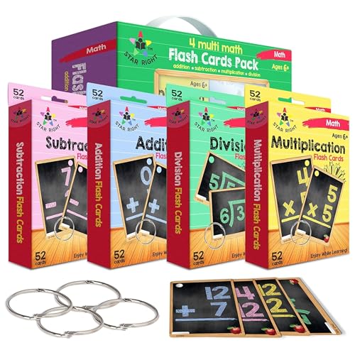 Star Right Math Flash Cards Set of 4 - Math Flashcards Addition, Subtraction, Multiplication, Division with 4 Rings - 208 Cards for Kids Ages 6 and Above - Flash Cards for Math from 1st to 4th Grade