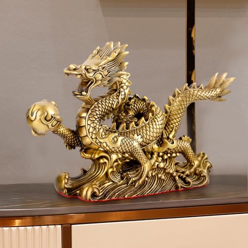 Brass Chinese Dragon Statue, Handmade Large Chinese Feng Shui Dragon Sculpture, Home Office Desktop Dragon Decorations, Office Countertop Dragon Ornaments for Success Wealth, Good Lucky Gift