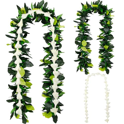 2 Pack Hawaiian Maile and White Tuberose Graduation Lei – 6.56ft Artificial Leaf Flower Necklaces for Wedding, Luau, Aloha Summer Party, School Ceremony, 2025 Graduation Gift