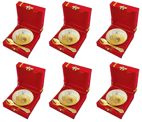 NOBILITY Bowl Spoon Set Gold and Silver Plated with Velvet Box Dry Fruit Dessert Serving Sets Friends Family Home Decorative Corporate Diwali Gifts Wedding Return Gift Items 6 Sets