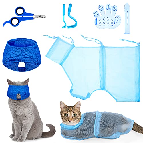 Patelai 5 Pcs Cat Bathing Bag Set Cat Grooming Bag Adjustable Pet Shower Net Muzzles Nail Clipper Tick Remover Tool Massage Brush(Blue)