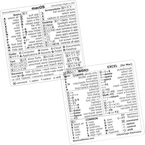 SYNERLOGIC Mac OS (M/Intel) + Word/Excel (for Mac) Quick Reference Keyboard Shortcut Stickers - for MacBook Air/Pro/iMac/Mac/Mini (Clear, 1 Set)