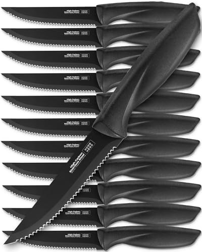 Home Hero Steak Knives, Razor-Sharp Steak Knives Set, High-Carbon Stainless Steel Steak Knife Set, Ergonomic Handles Serrated Knives for Precise Cutting (12 Pcs - Black)
