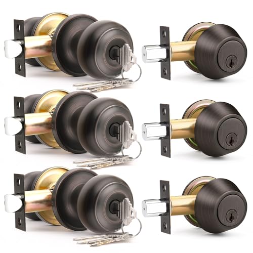 Brotima 3 Pack Keyed Alike Front Door Knob and Deadbolt Set, Entry Door Locksets with Single Cylinder Deadbolt, Oil Rubbed Bronze Flat Round Door Lock Set for Bedroom/Office/Exterior Doors