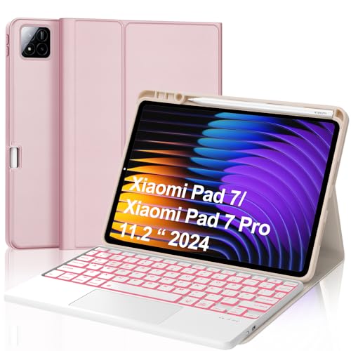 Keyboard Case for Xiaomi Pad 7/ Pad 7 Pro 11.2 Inch, 7 Color Backlit, Magnetic Detachable Wireless Bluetooth Keyboard, Multi-Touch Trackpad, Stain Resistant Cover, Rechargeable, Pink (Backlit)