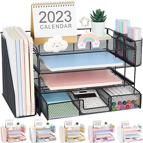 OPNICE Desk Organizer and Accessories, 4-Tier Desktop File Organizer with Drawer and 2 Pen Holders, Office Desk Accessories for Office Supplies(Black)