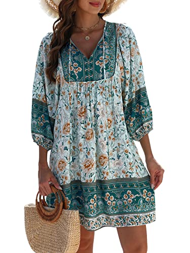 Qearal Women's Boho Dress Summer Mini 3/4 Sleeve V Neck Loose Casual Beach Dress Blue XL