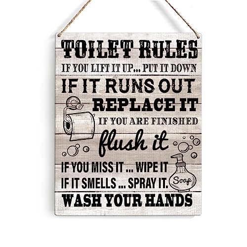 Farmhouse Bathroom Toilet Rules Signs Wall Decor Rustic Wash Your Hands Bathroom Wood Plaque Wooden Hanging Sign Decoration for Home Toilet Door 8 x 10