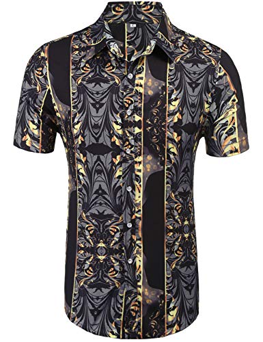 Daupanzees Mens Short Sleeve Cotton Luxury Design Shows Skinny Hawaiian Tropical Party Daily Life Allover Print Dress Shirt (Black S)