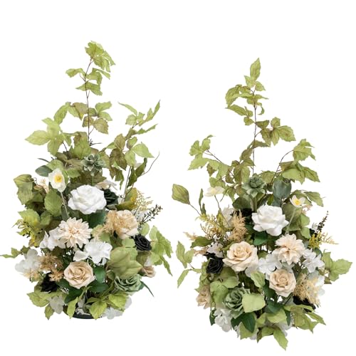 Ling's Moment 41" Tall Free Standing Artificial Flowers Arrangements 2 pcs Wedding Arch Altar Stage Decorations Emerald & Tawny Beige Ceremony Reception Rose Fake Floral Party Centerpieces Decor