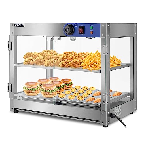 ROVSUN 2-Tier Food Warmer, 800W Commercial Food Warmer Display Electric Countertop Food Pizza Warmer with LED Lighting Removable Shelves Glass Door, Pastry Display Case for Buffet Restaurant 110V