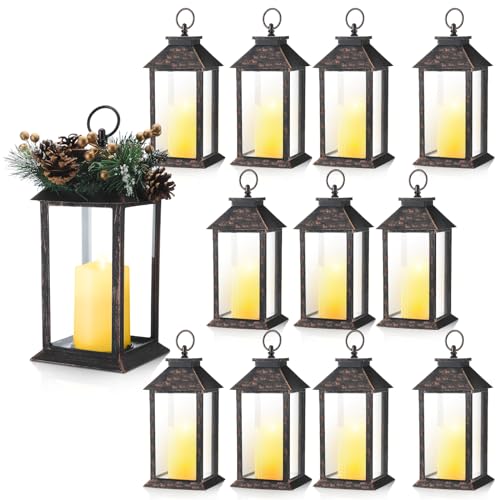 12 Pcs 13" Wedding Lanterns LED Hanging Lights Lanterns LED Vintage Decorative Lantern Rustic Farmhouse Home Decor Lantern Table Centerpiece for Wedding, Bridal Shower, Anniversary Party (Bronze)
