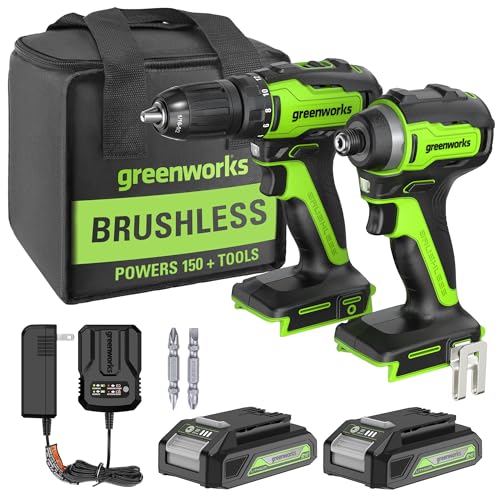 Greenworks 24V MAX Cordless Brushless Drill & Impact Driver Combo Kit, Electric Drill Set, High Torque, Lightweight, Professional Grade, Includes 2x 2.0Ah Batteries, Charger, and Storage Bag